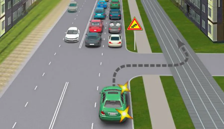 Is the driver allowed to drive on the tram track in the same direction in this situation?