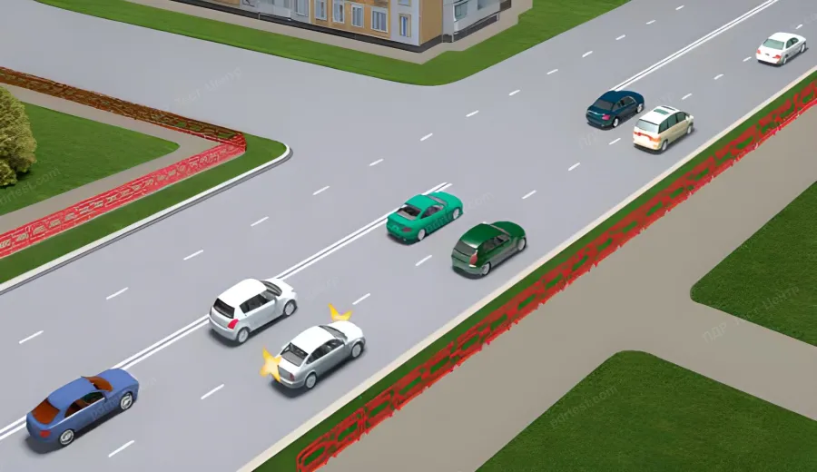 Is the driver of the white car allowed to change lanes in heavy traffic?