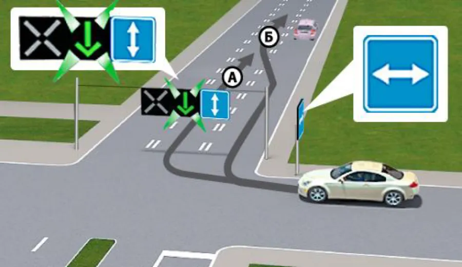 Along which trajectory may the driver of the white vehicle enter the reversible lane when turning?