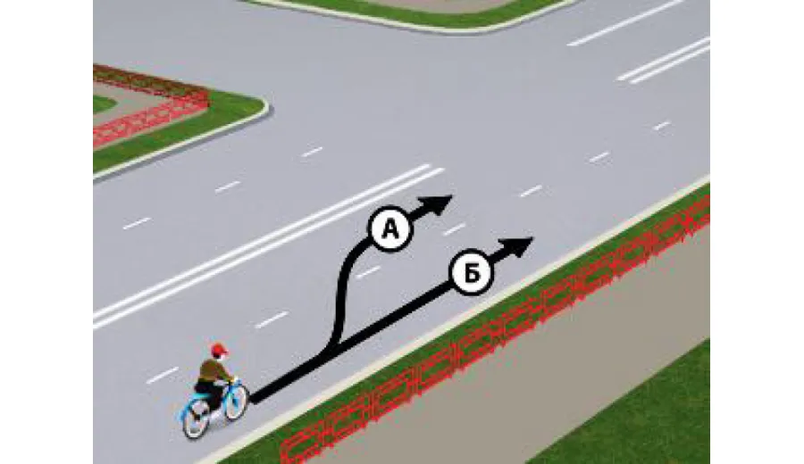 Along which trajectory is the cyclist allowed to continue moving?