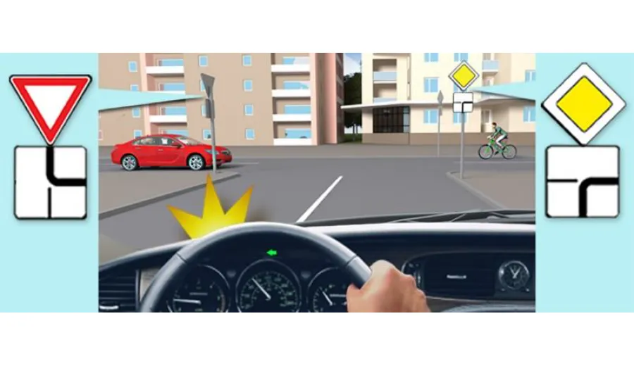 When turning left at this intersection, you must: