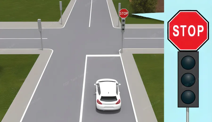 How must the driver of the white car approaching the intersection proceed through this intersection?