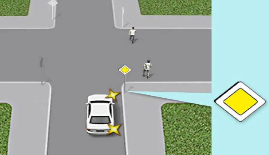 Must the driver of the white car give way to pedestrians who are crossing the carriageway at the intersection along the line of the sidewalk extension?