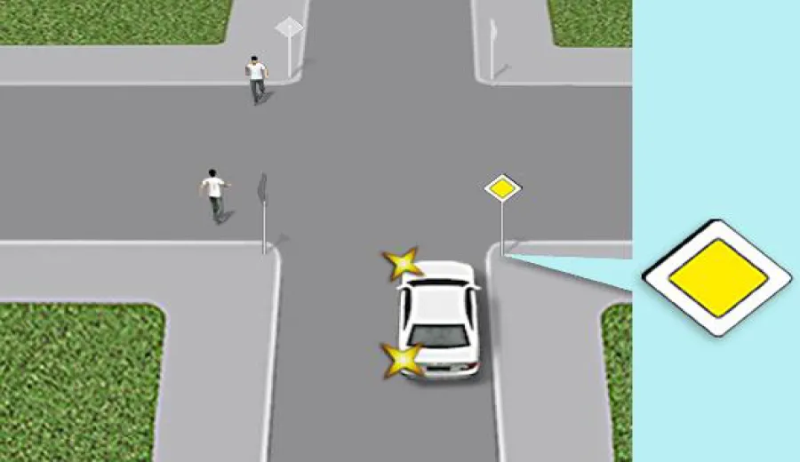 Must the driver of the white car give way to pedestrians crossing the carriageway at the intersection along the line of continuation of the sidewalk?