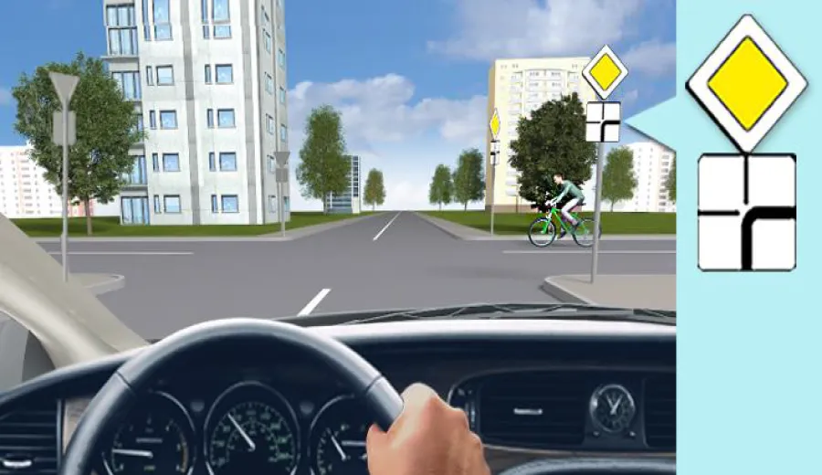 When driving straight through this intersection, you must: