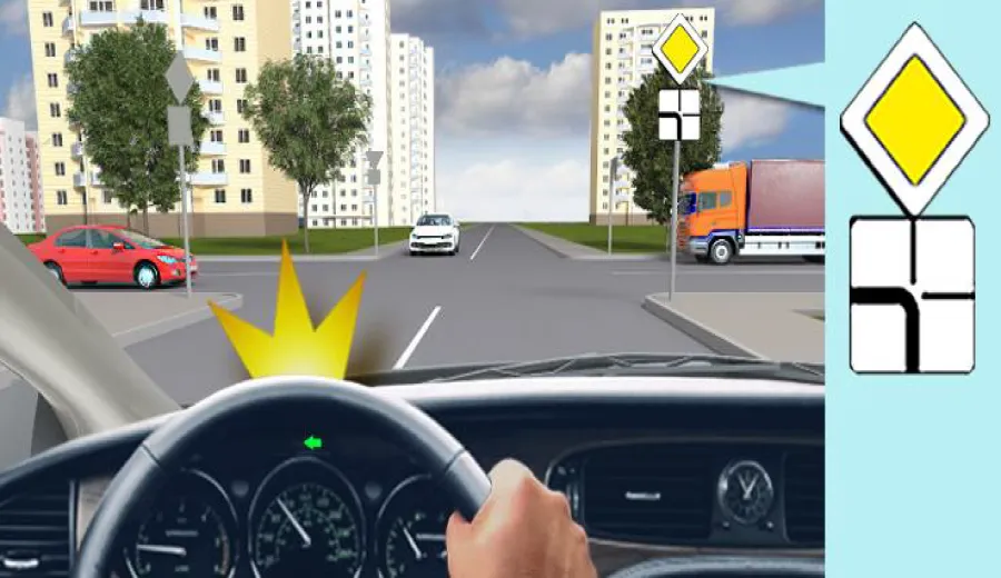 When turning left at this intersection, you must: