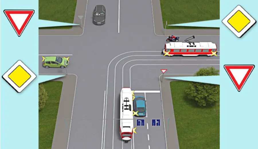 The driver of the blue car will pass this intersection: